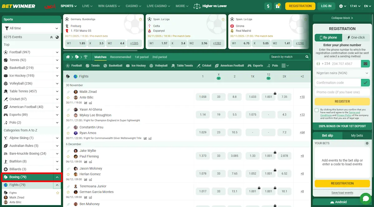 Betwinner Boxing Betting Screenshot